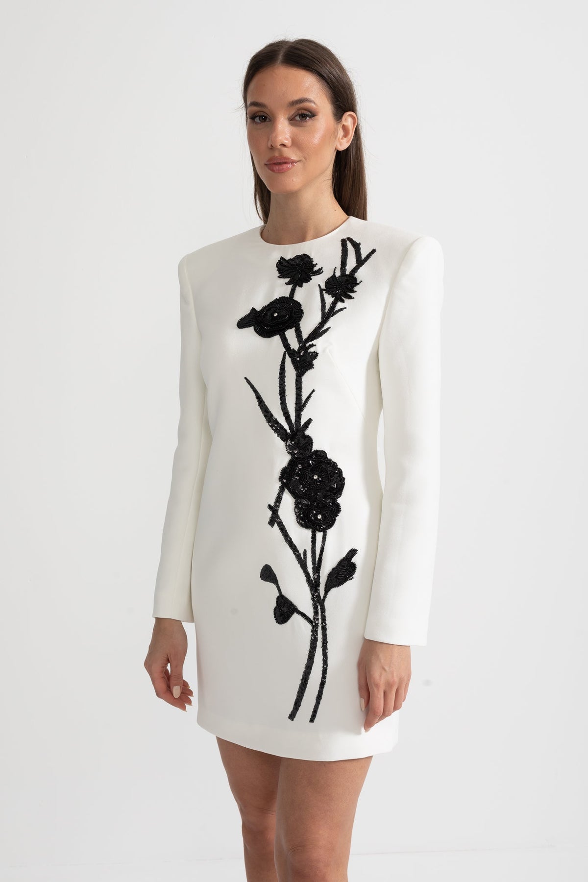 Long Sleeved Mini Dress With Contrasting Floral Embroidery - White