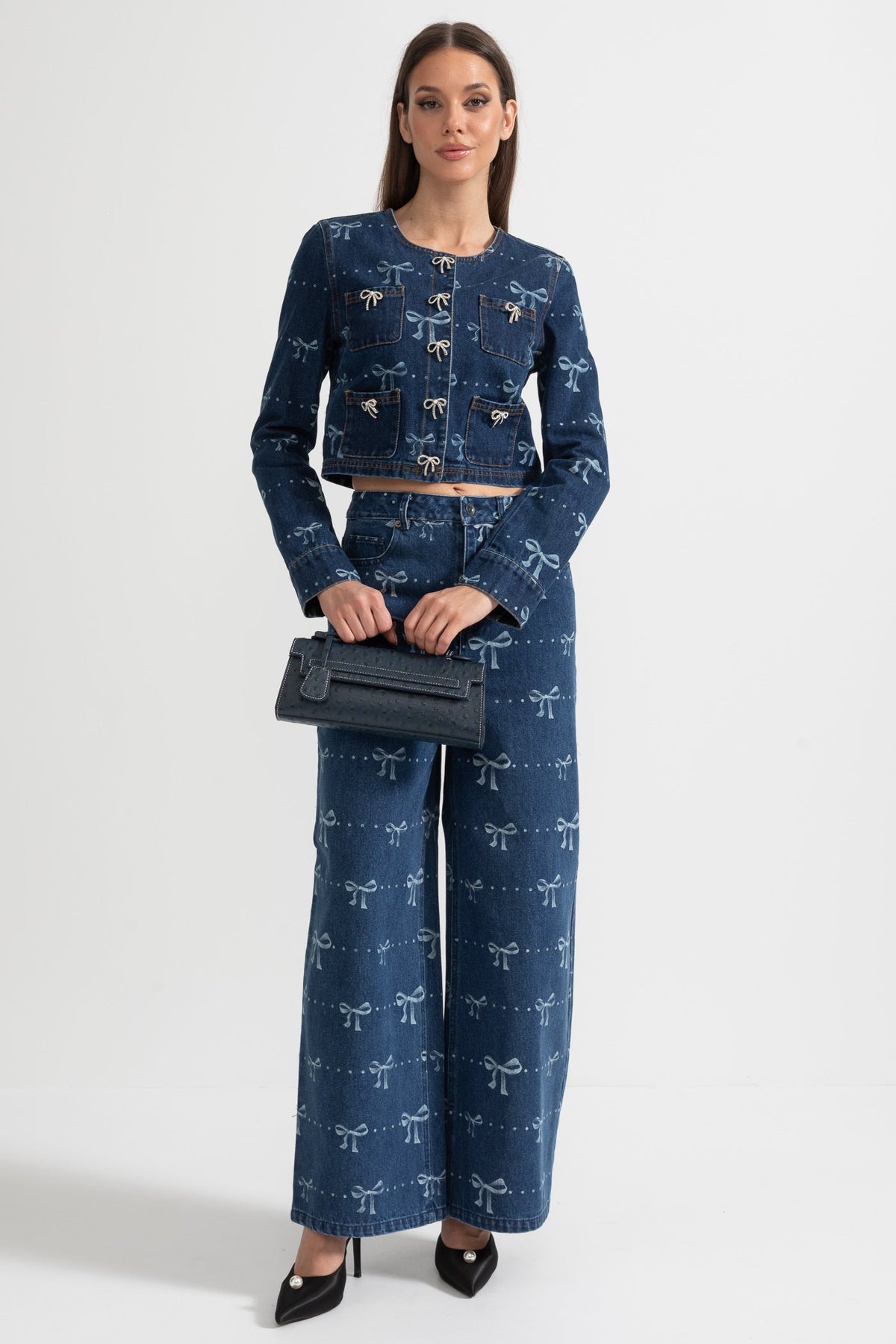 Denim Co-Ordinate Ensemble With Long Sleeved Jacket And Wide-Leg Jeans - Blue