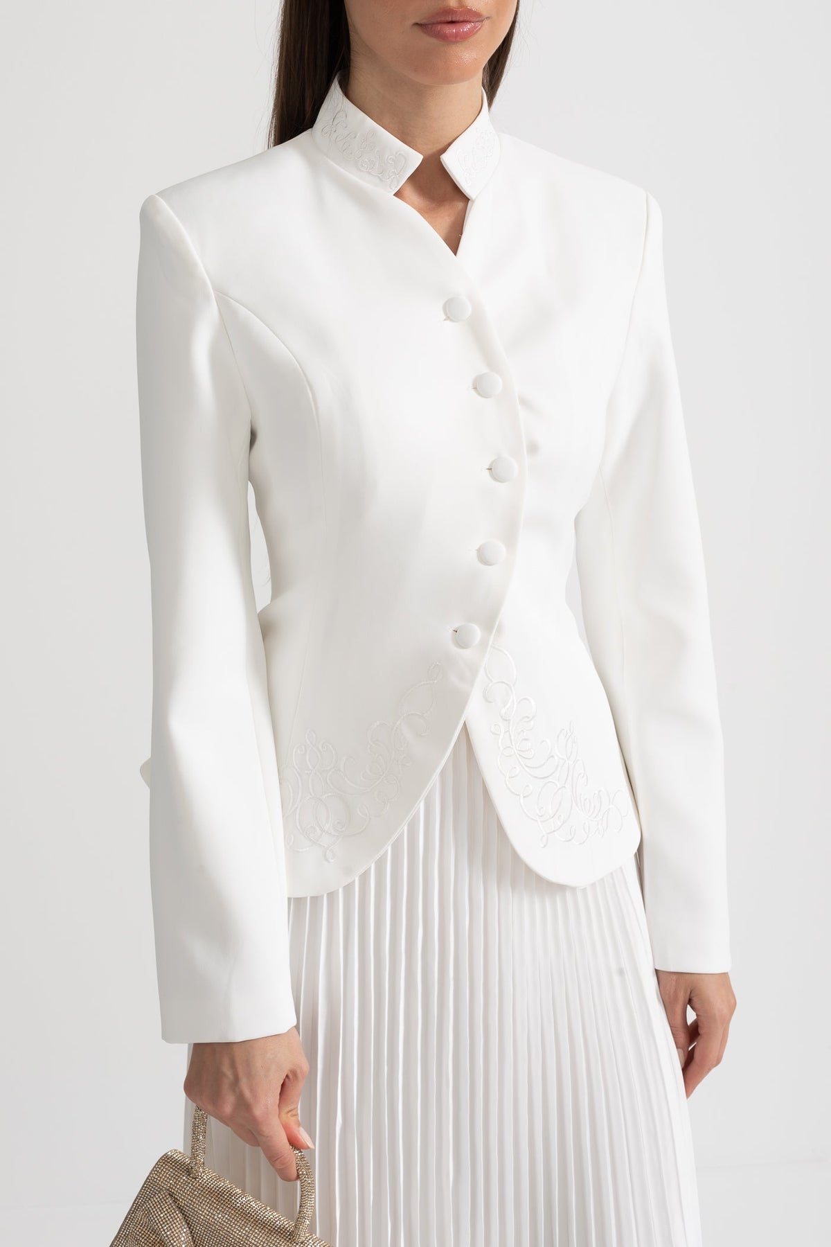 Pleated Skirt and Structured Jacket Co-Ord Set With Decorative Stitching - White