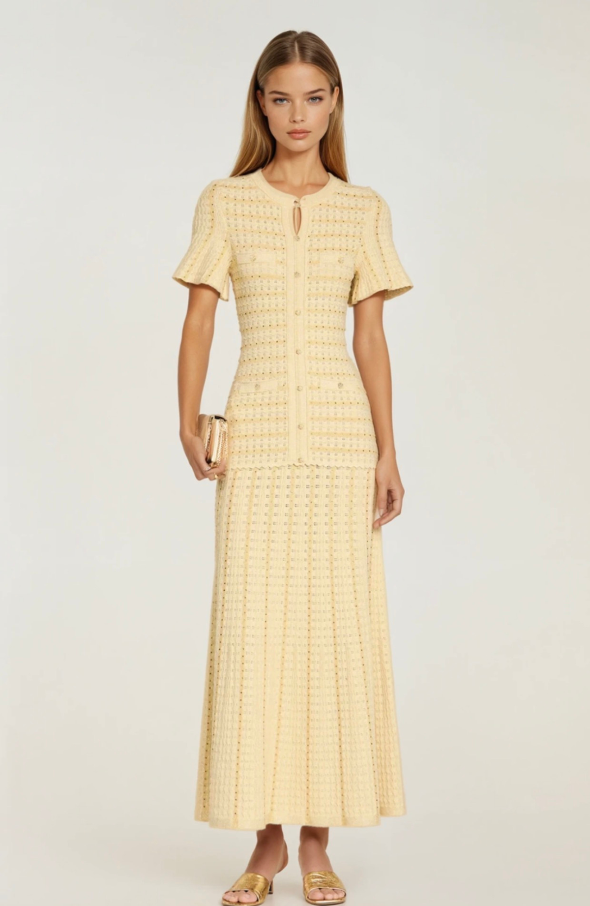 Sandro Victoire Rhinestone Knit Maxi Dress in - Gold