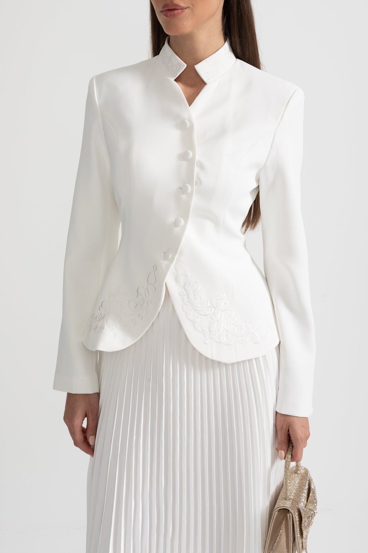 Pleated Skirt and Structured Jacket Co-Ord Set With Decorative Stitching - White