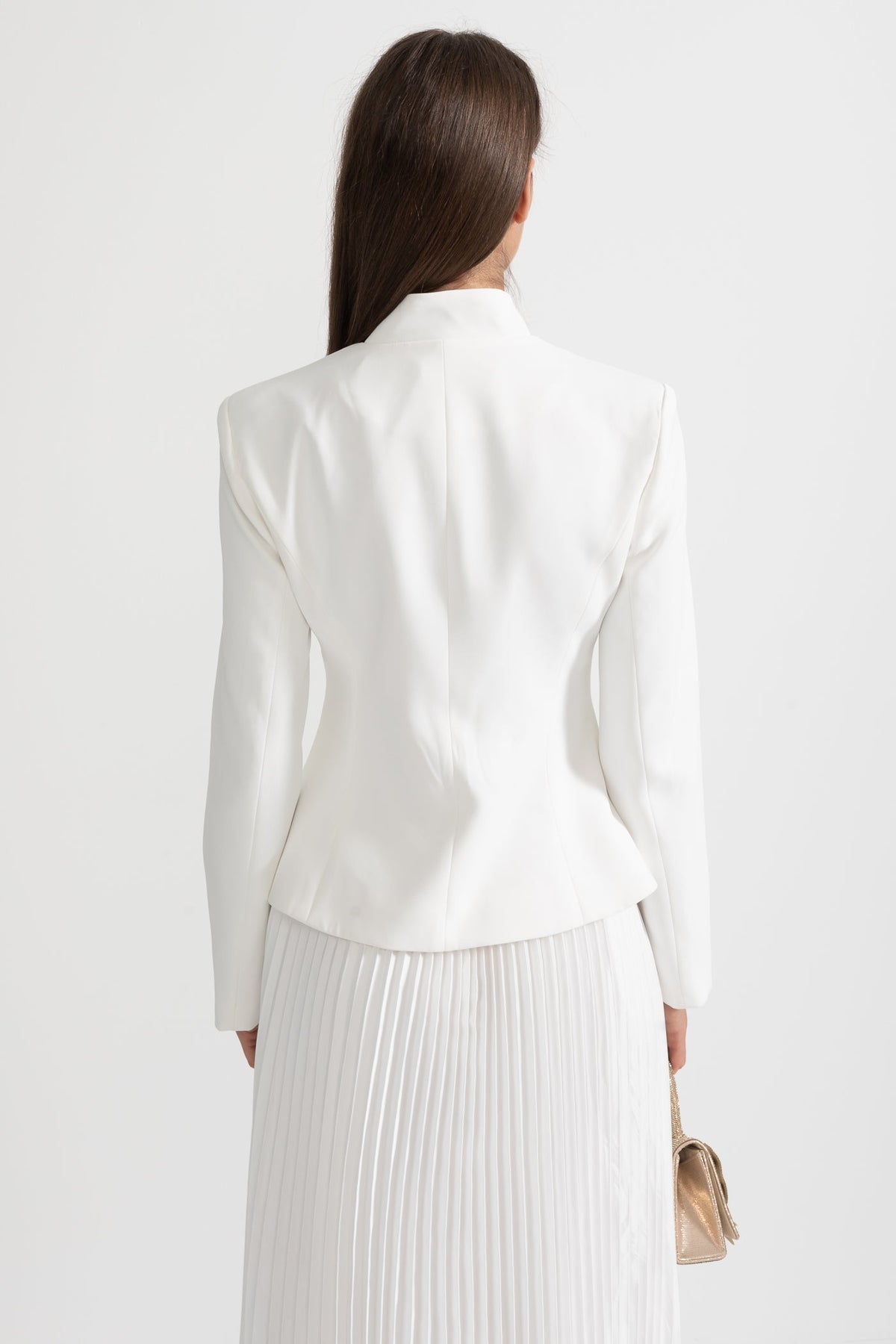 Pleated Skirt and Structured Jacket Co-Ord Set With Decorative Stitching - White