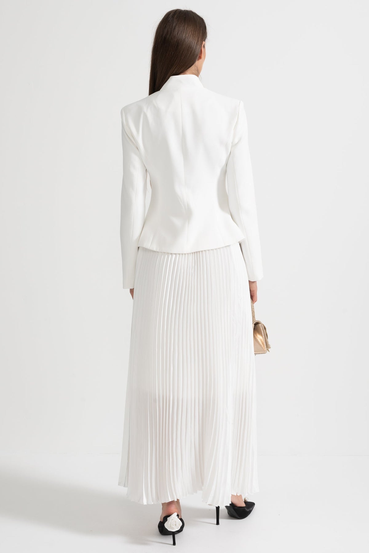 Pleated Skirt and Structured Jacket Co-Ord Set With Decorative Stitching - White