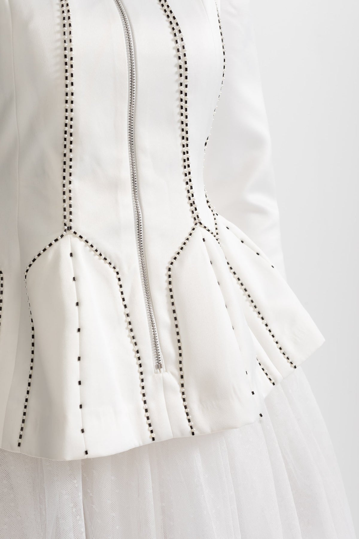 Peplum Jacket and Sheer Tulle Skirt Co-Ord Set with Structured Seams - White