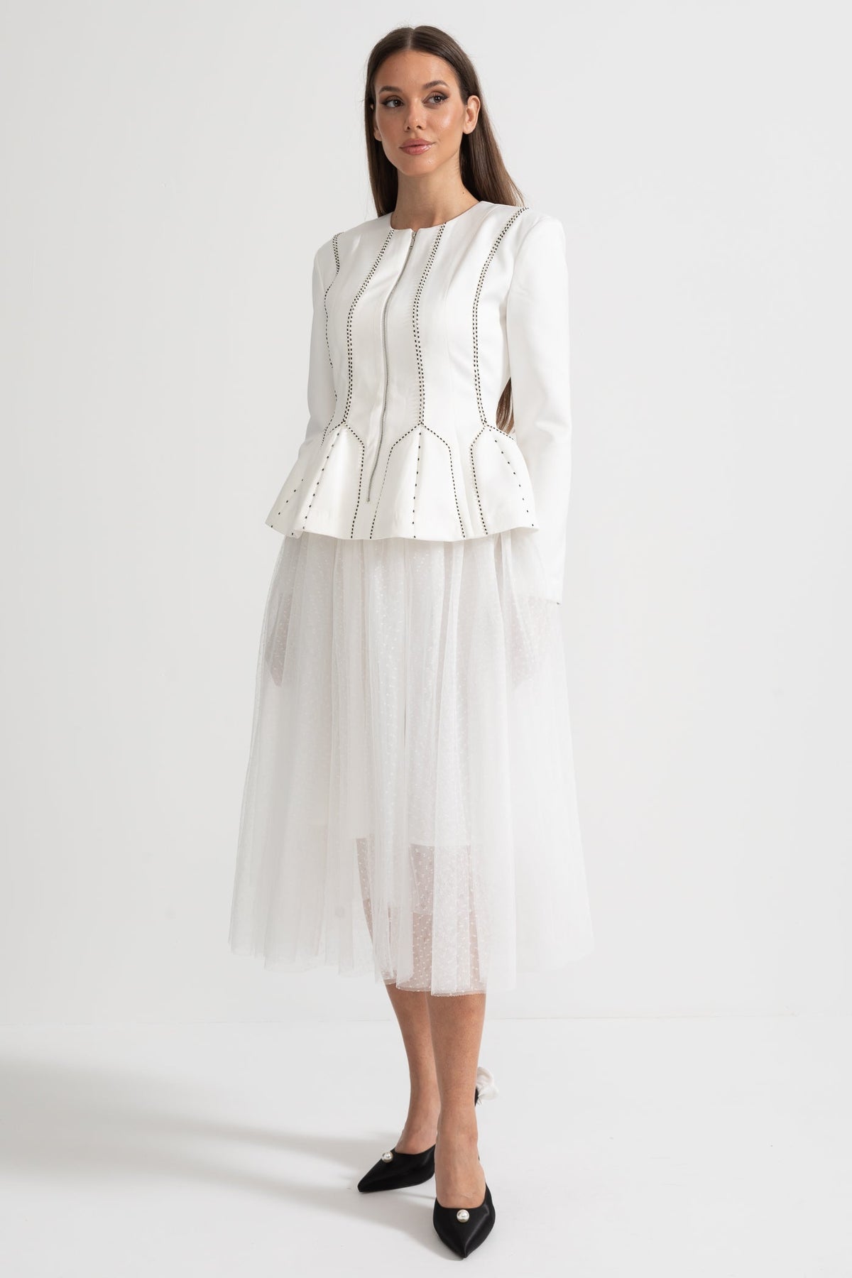 Peplum Jacket and Sheer Tulle Skirt Co-Ord Set with Structured Seams - White