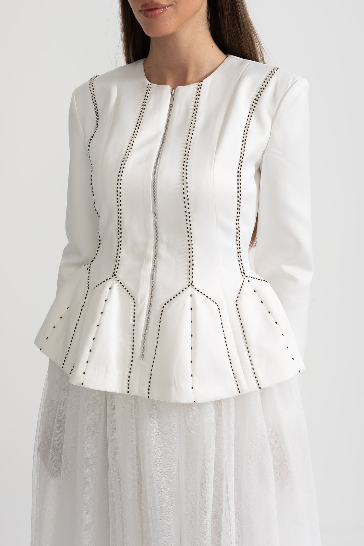 Peplum Jacket and Sheer Tulle Skirt Co-Ord Set with Structured Seams - White