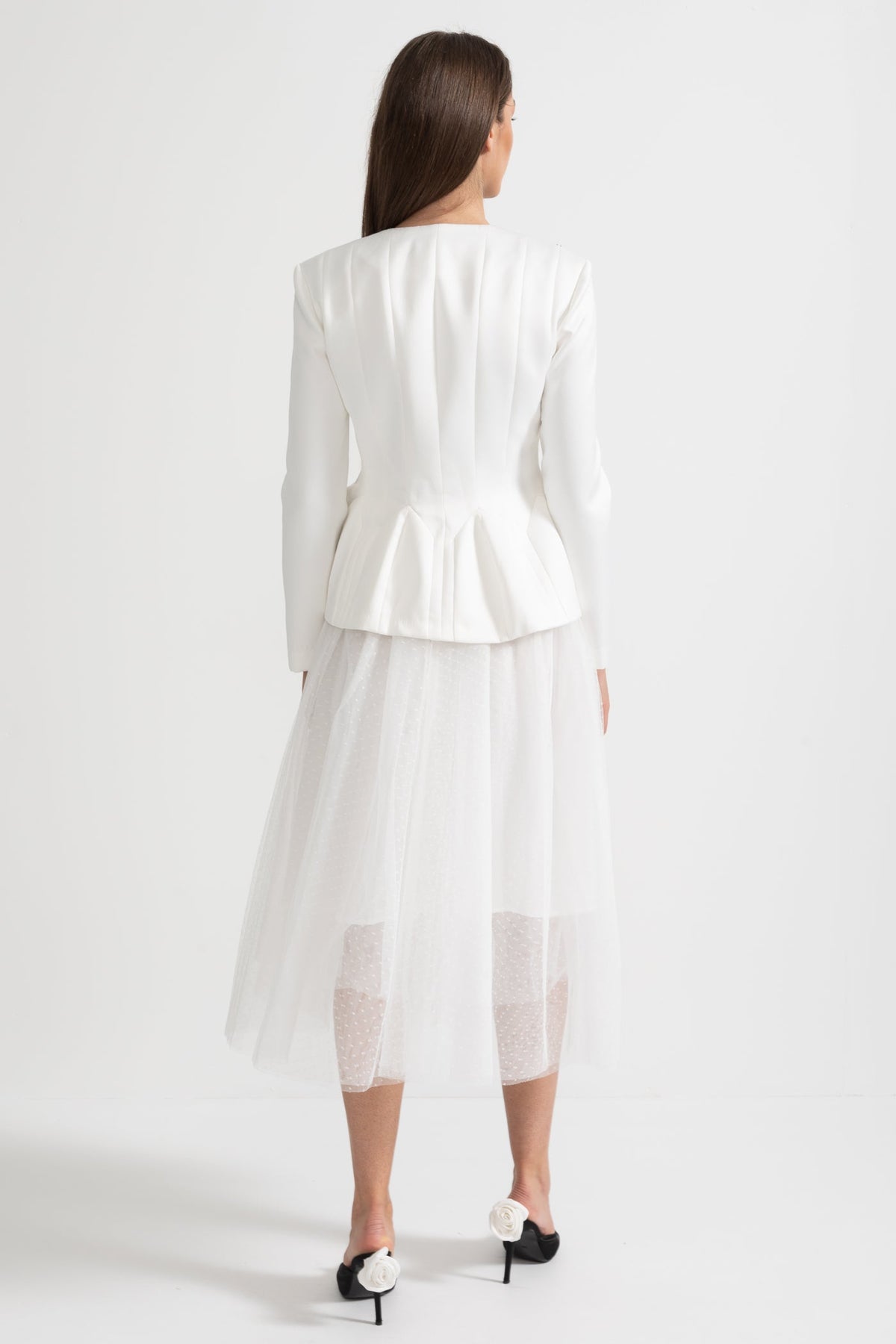 Peplum Jacket and Sheer Tulle Skirt Co-Ord Set with Structured Seams - White