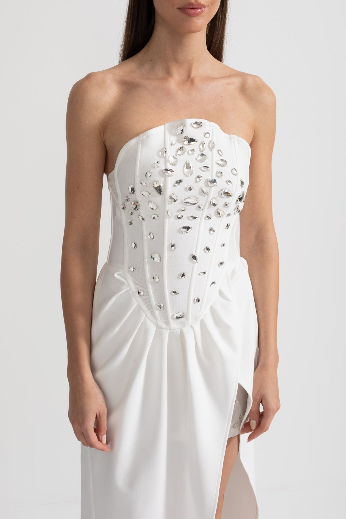 Elegant Satin Gown With Side Slit And Crystal Adornments - White