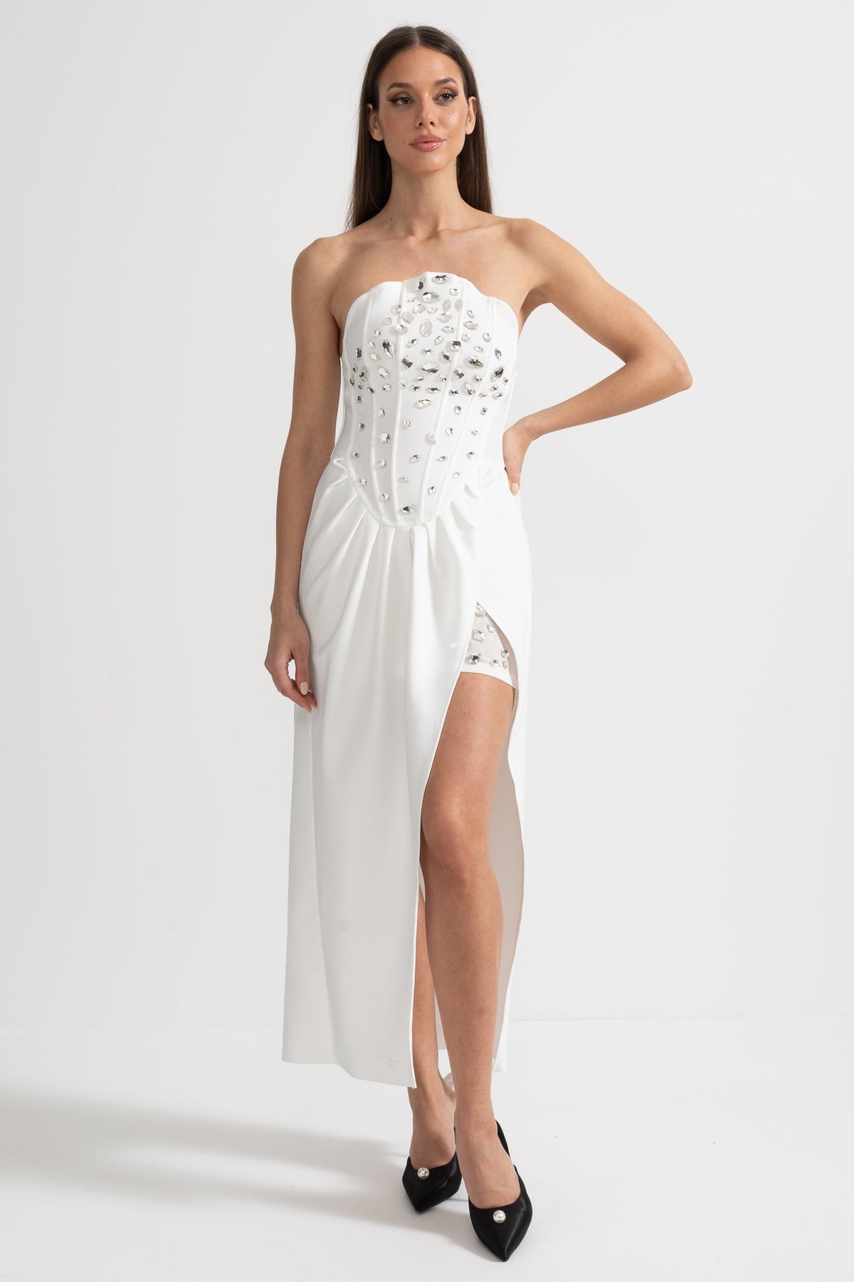 Elegant Satin Gown With Side Slit And Crystal Adornments - White