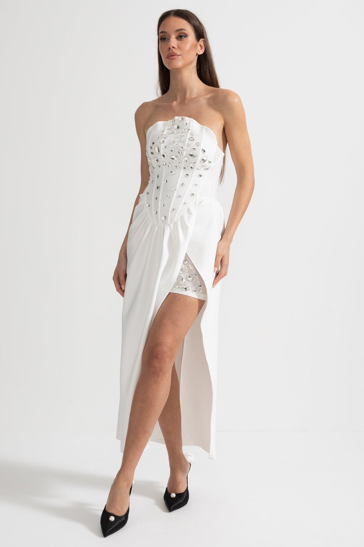 Elegant Satin Gown With Side Slit And Crystal Adornments - White