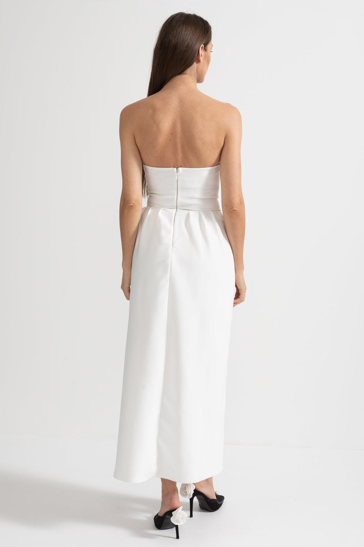 Elegant Satin Gown With Side Slit And Crystal Adornments - White