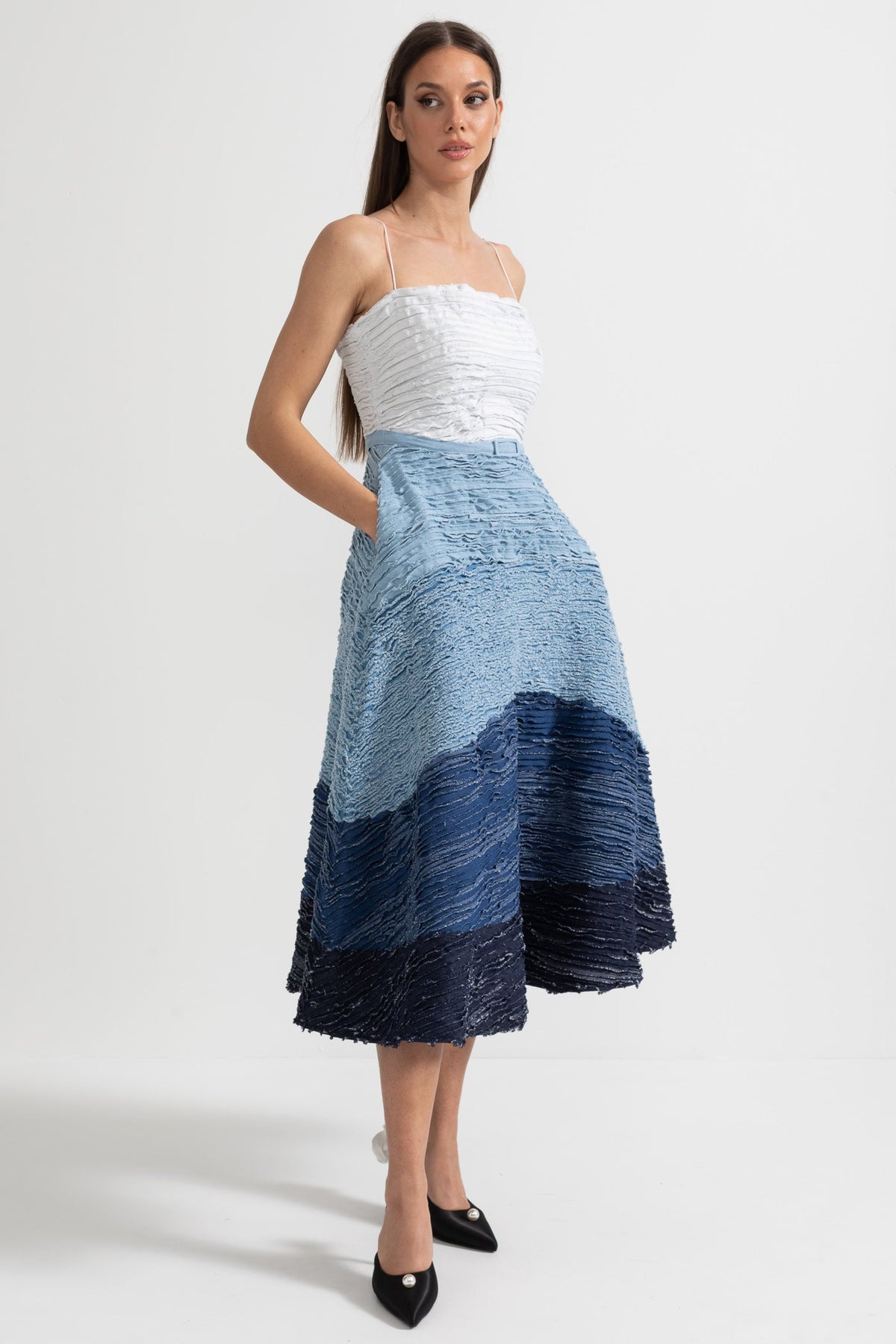 Ombre Midi Dress with Textured Layered Fabric - White/Blue