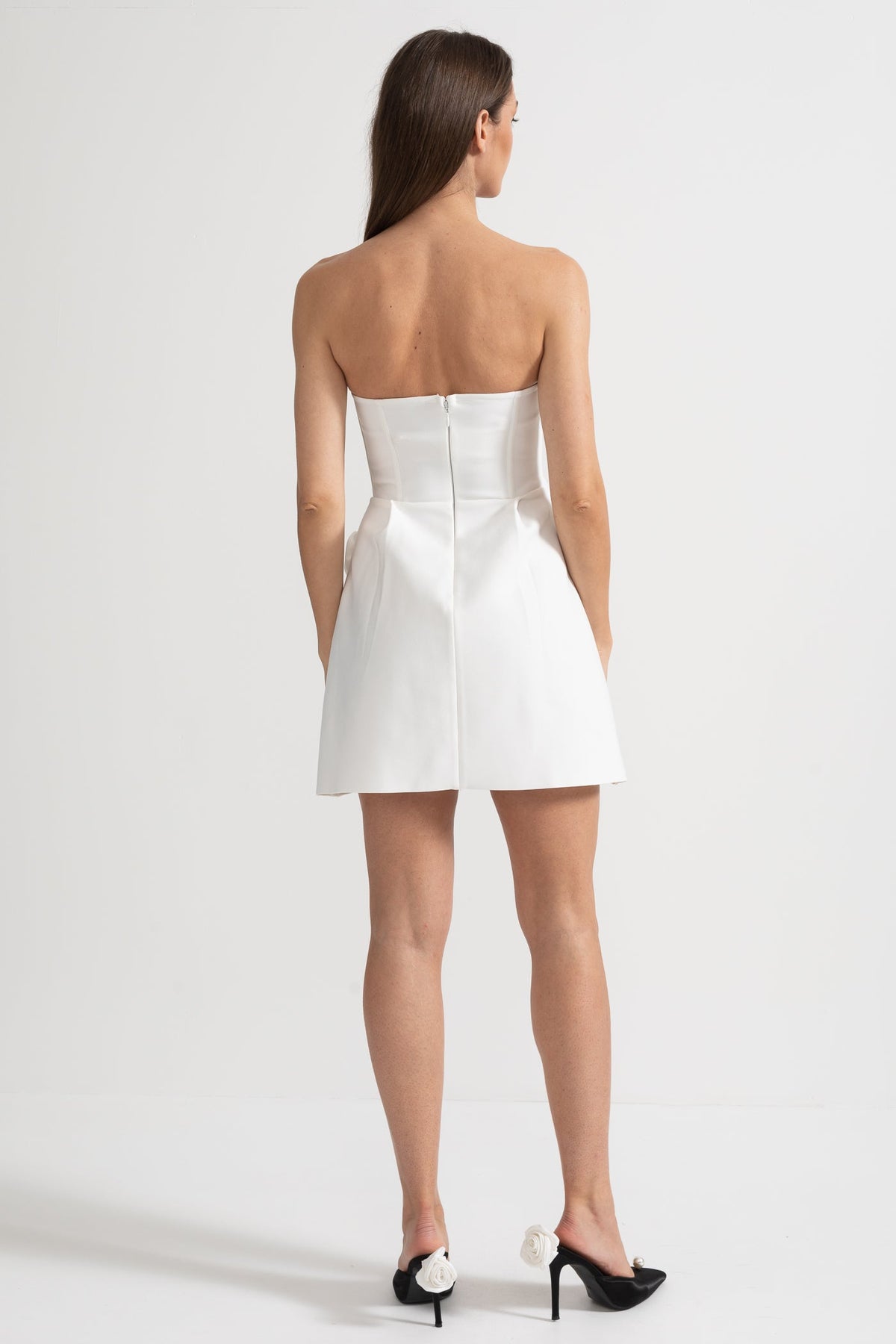 Strapless Mini Dress with Sculptural Floral Appliqués - White