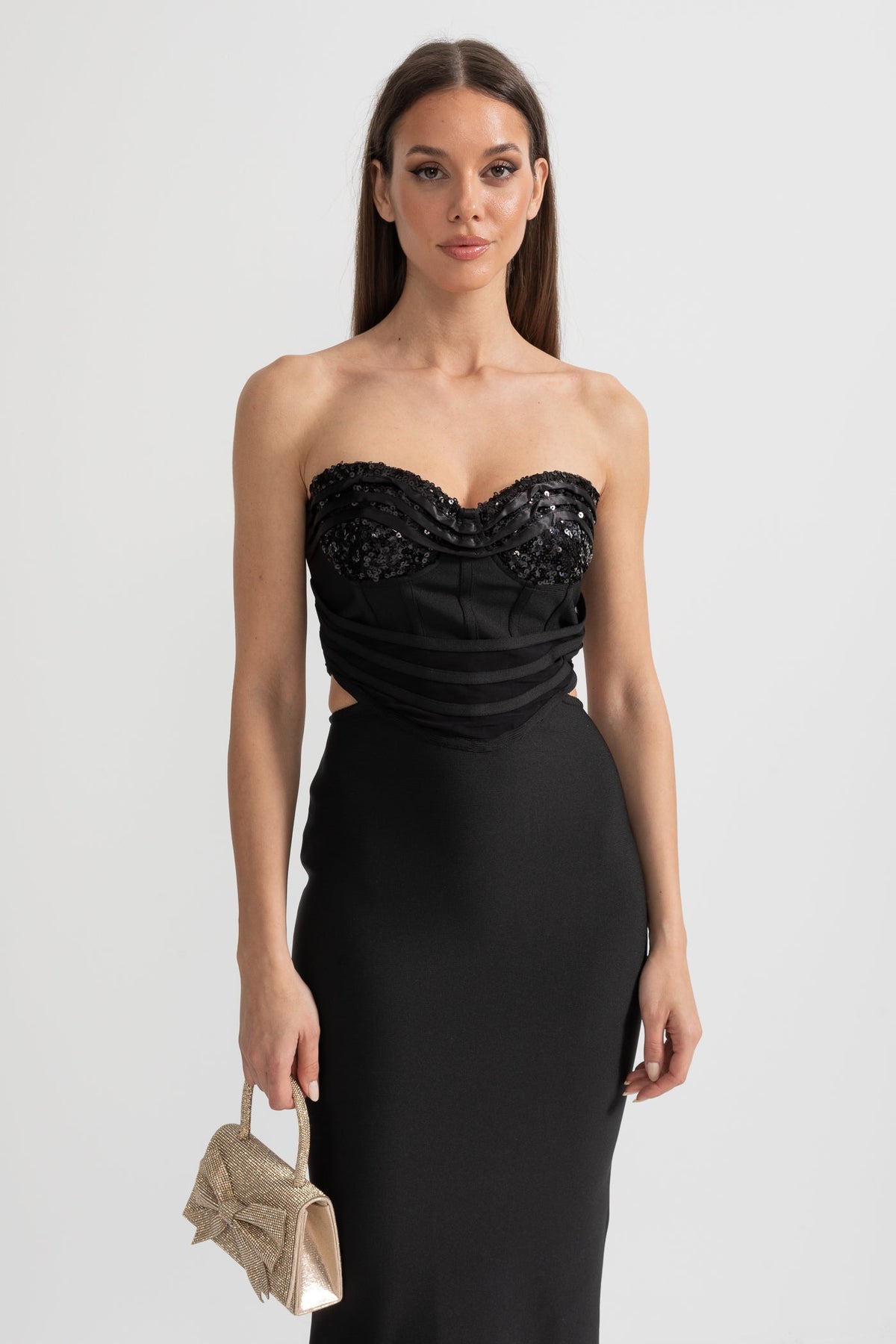 Sequin Bustier and Maxi Skirt Co-Ord Set with Side Cut-Outs - Black