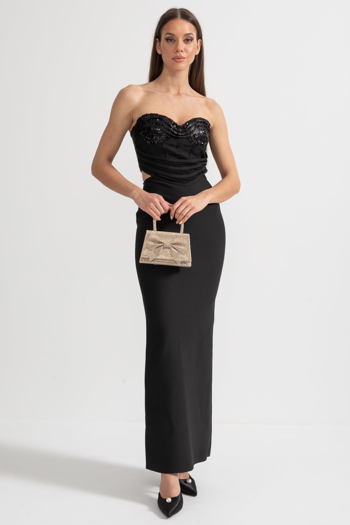 Sequin Bustier and Maxi Skirt Co-Ord Set with Side Cut-Outs - Black