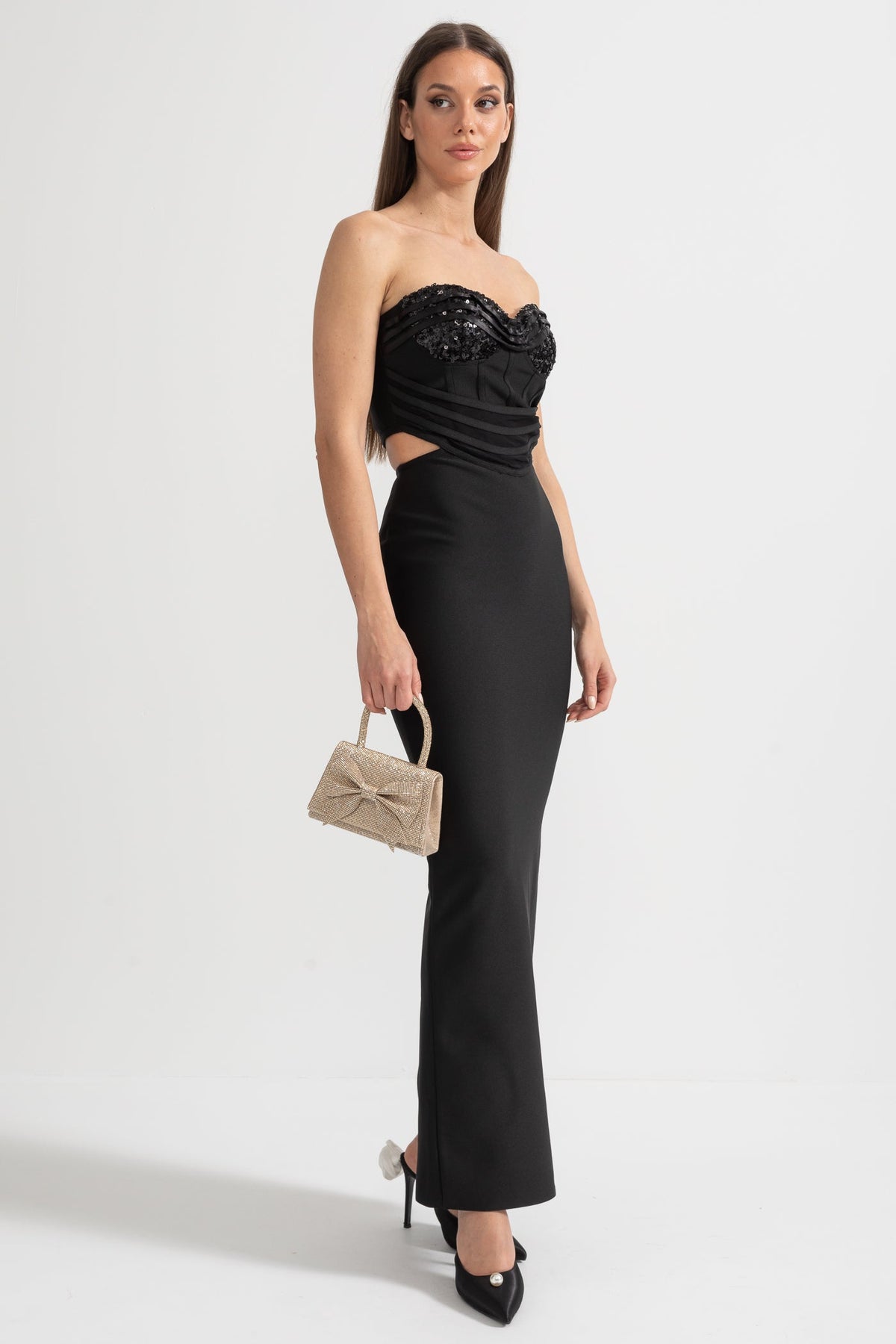 Sequin Bustier and Maxi Skirt Co-Ord Set with Side Cut-Outs - Black