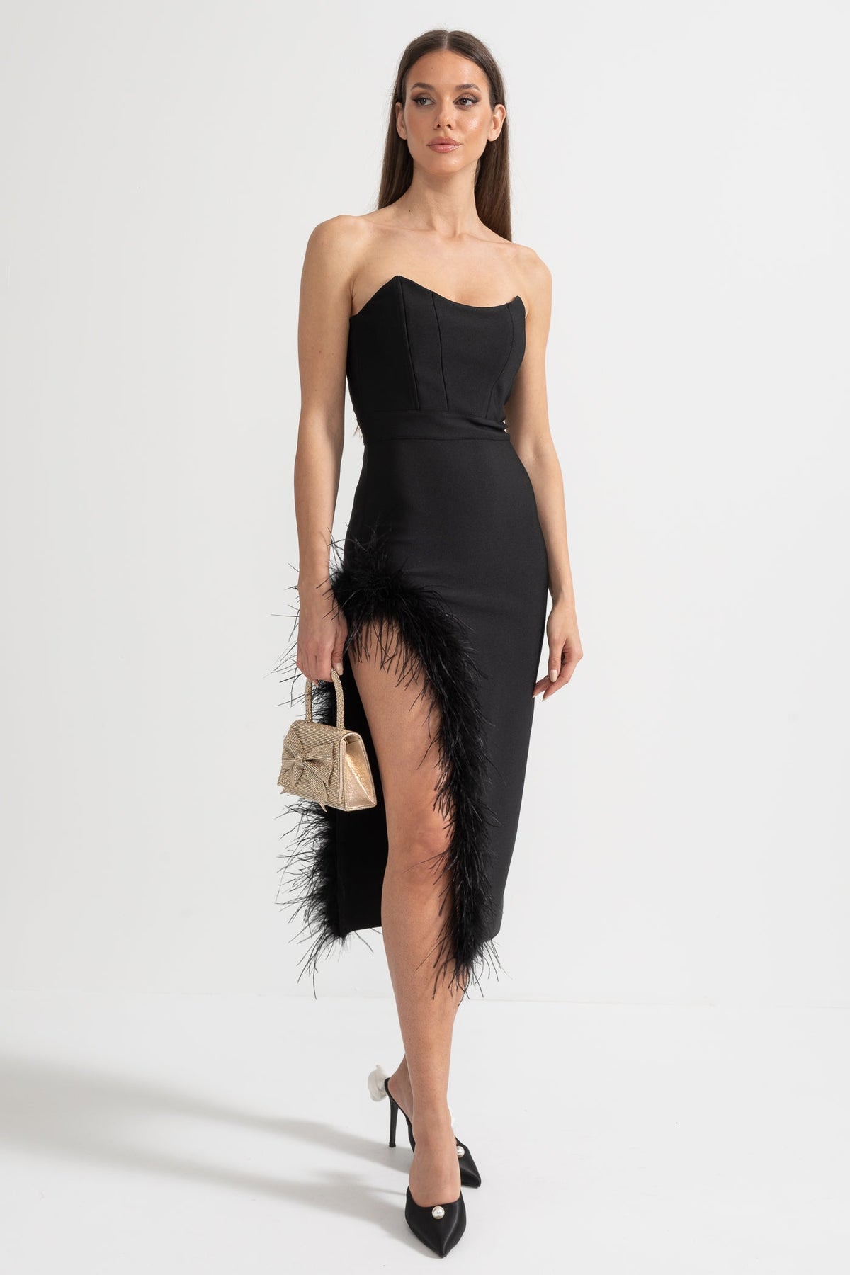 Strapless Feather-Trimmed Dress With Fitted Bodice And Asymmetrical Hemline - Black