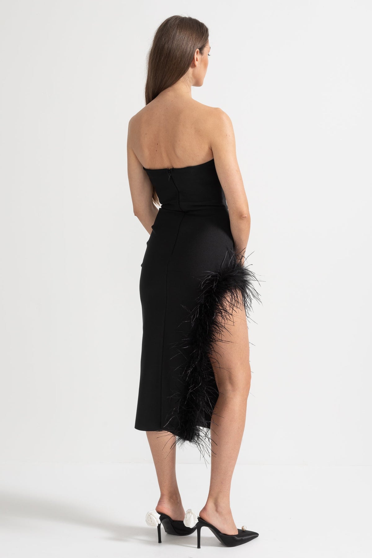 Strapless Feather-Trimmed Dress With Fitted Bodice And Asymmetrical Hemline - Black