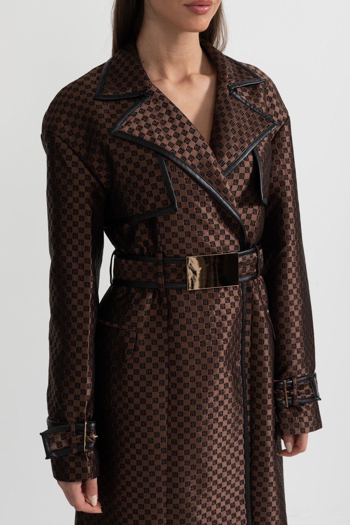 Wide Lapel Trench Coat With Gold Buckle Waist Belt - Brown