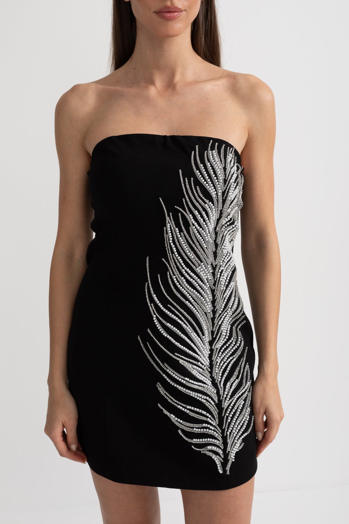 Strapless Mini Dress with Crystal Feather Embellishments - Black