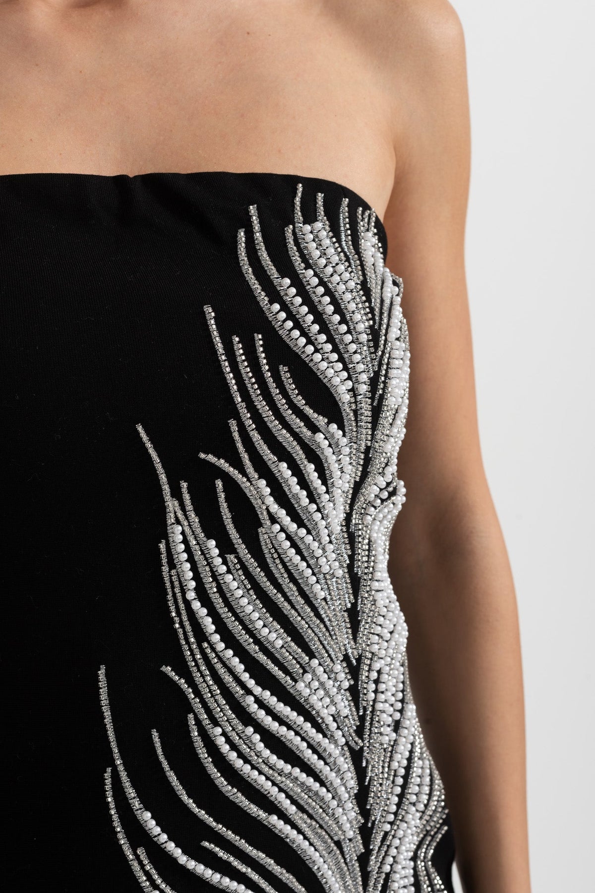 Strapless Mini Dress with Crystal Feather Embellishments - Black