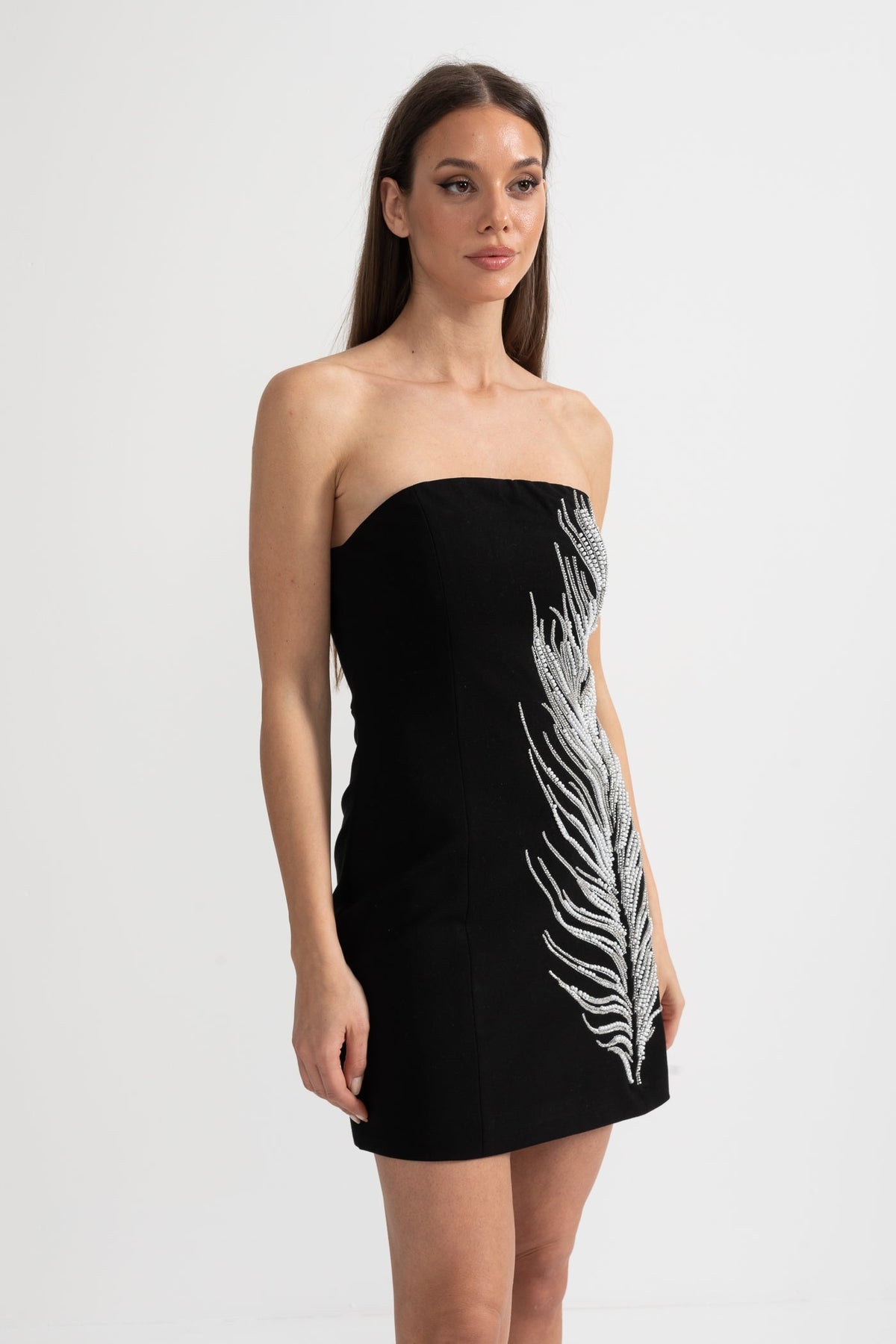 Strapless Mini Dress with Crystal Feather Embellishments - Black