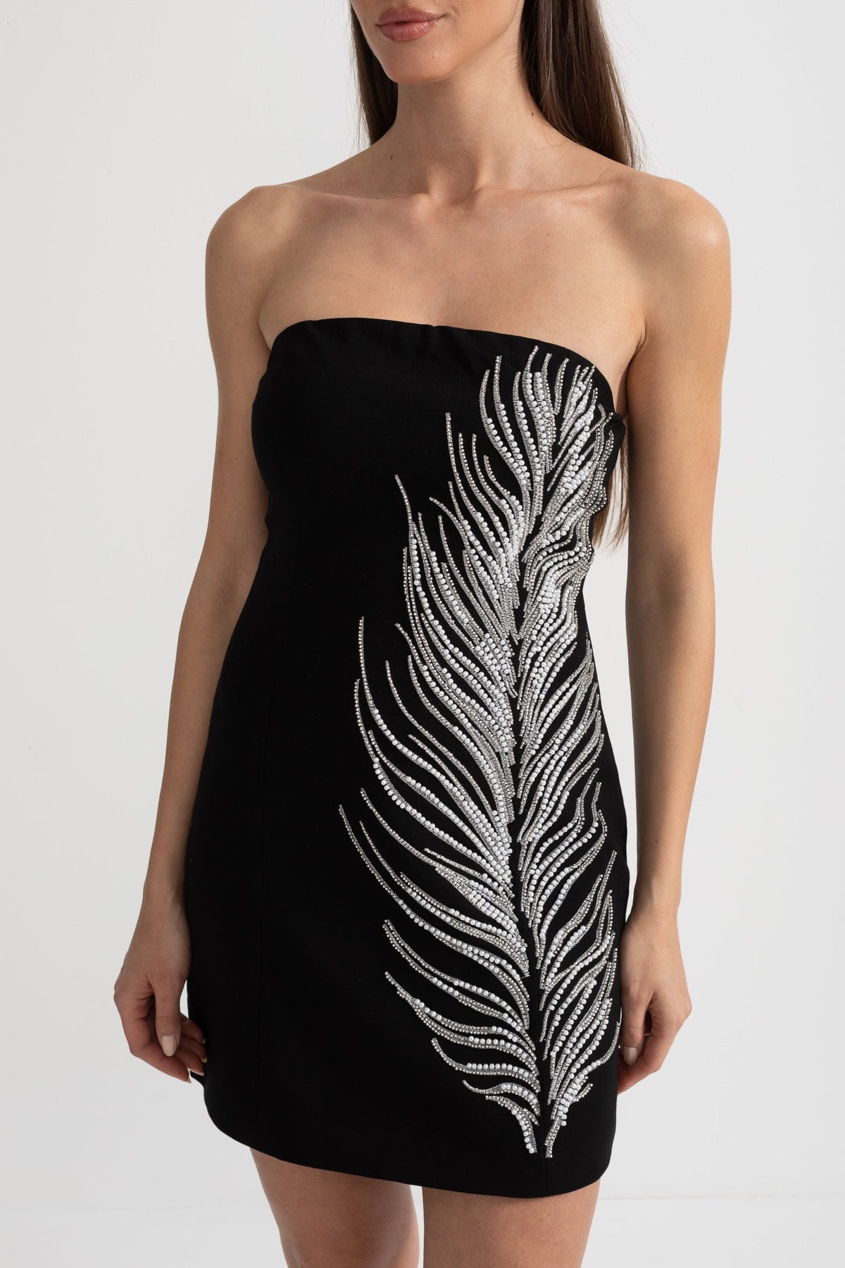 Strapless Mini Dress with Crystal Feather Embellishments - Black