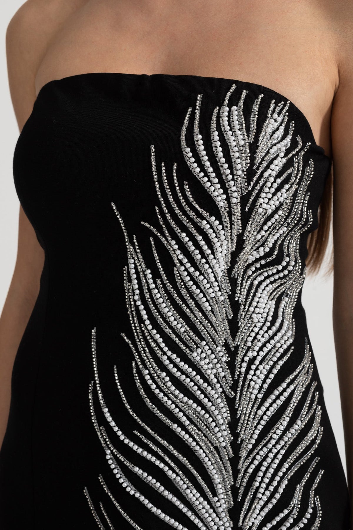 Strapless Mini Dress with Crystal Feather Embellishments - Black
