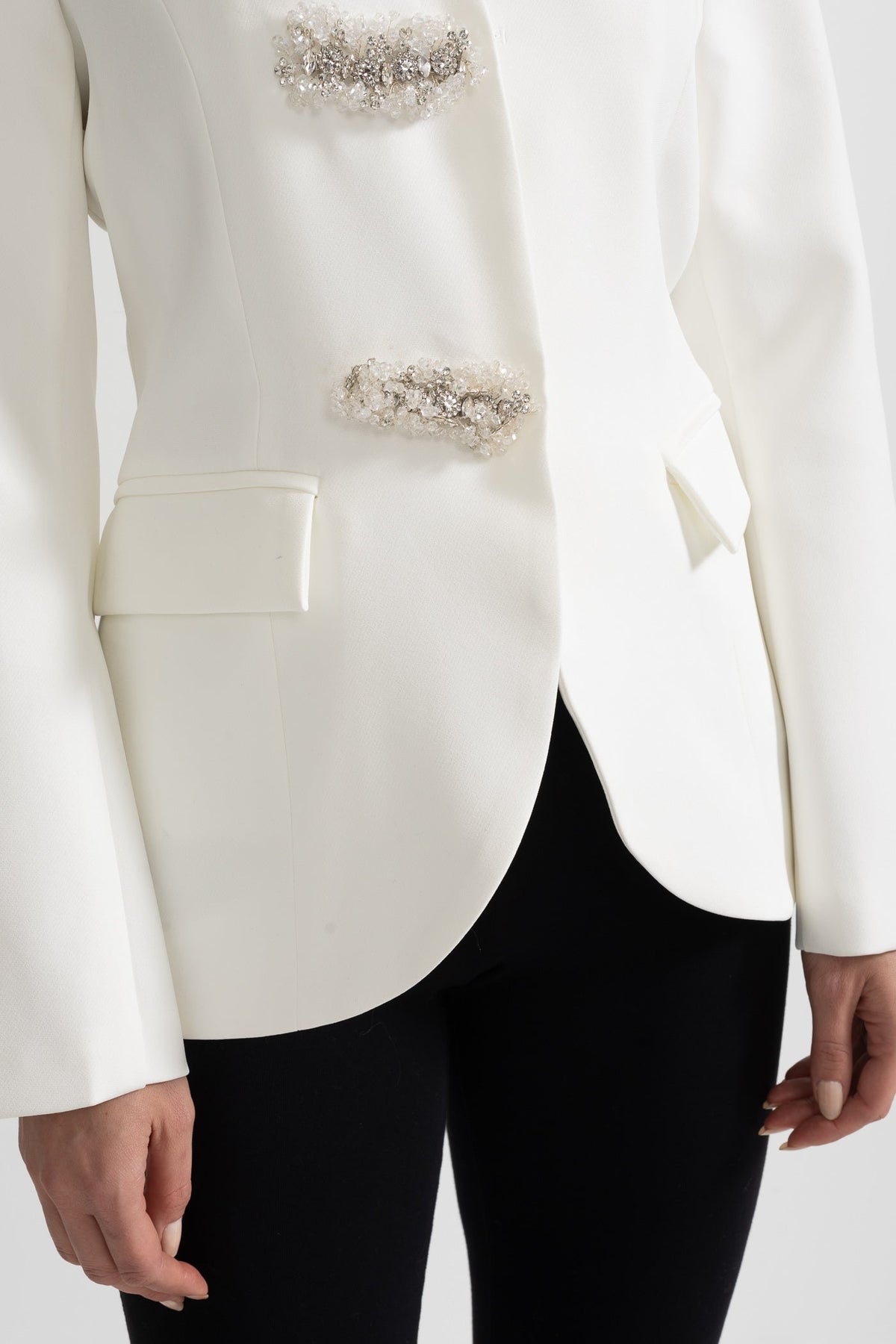 Tailored Blazer With Structured Shoulders And Silver Floral Clasps - White