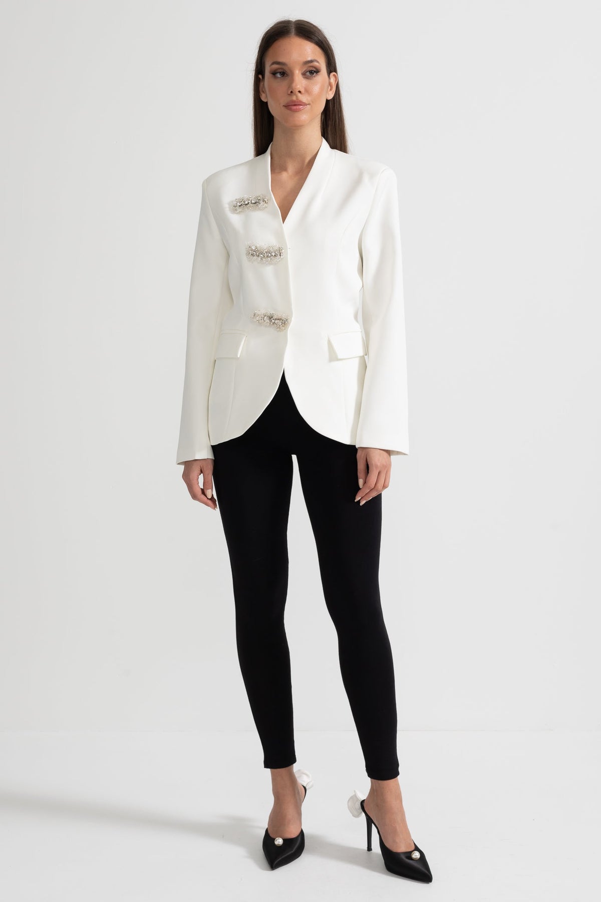 Tailored Blazer With Structured Shoulders And Silver Floral Clasps - White