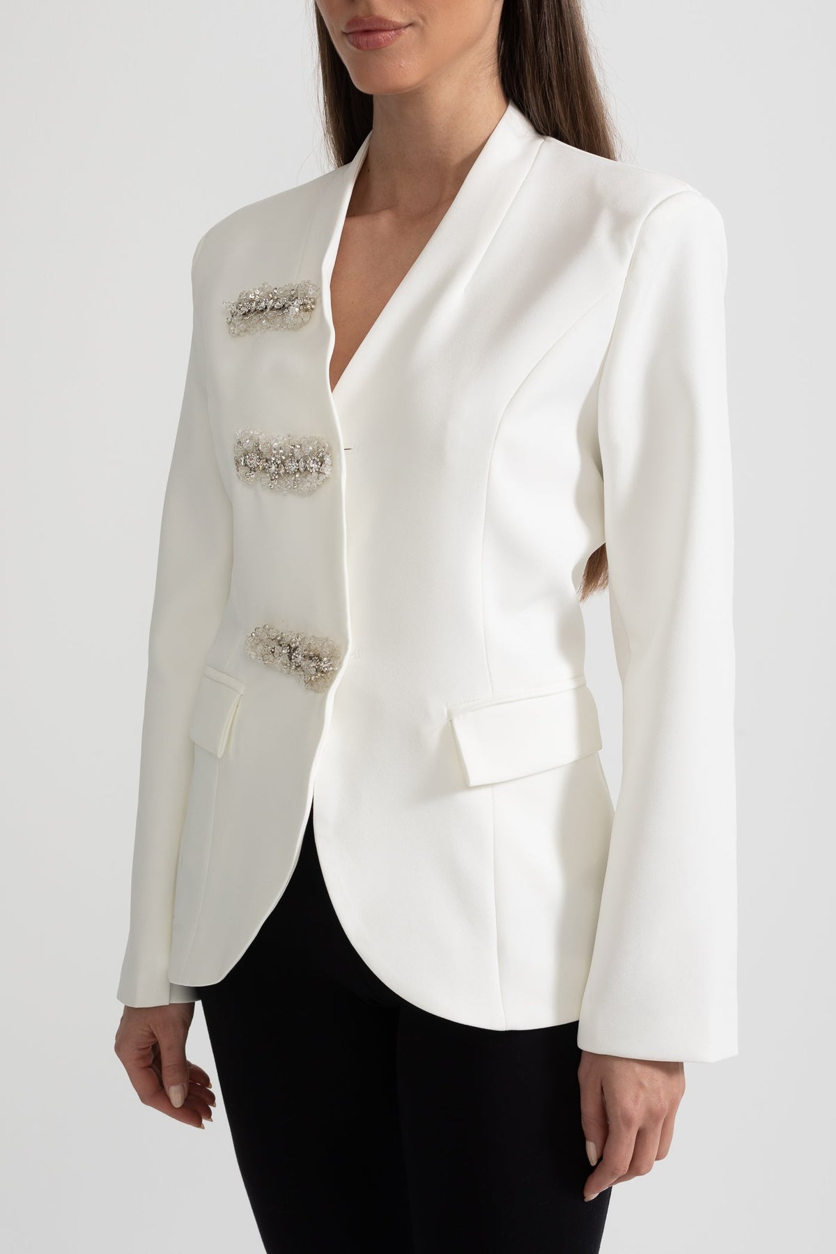 Tailored Blazer With Structured Shoulders And Silver Floral Clasps - White