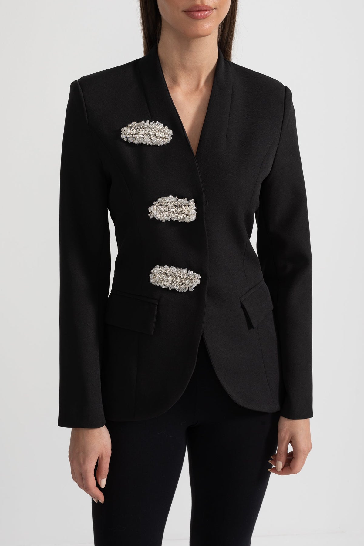 Tailored Blazer With Structured Shoulders And Silver Floral Clasps - Black