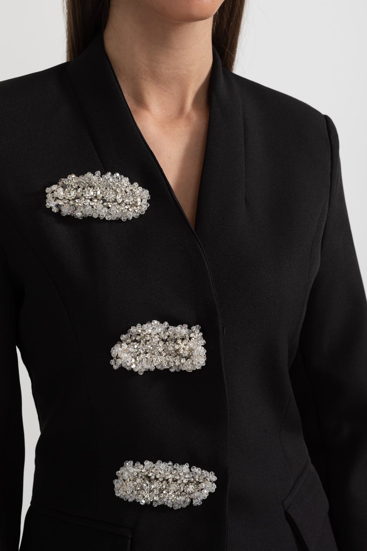 Tailored Blazer With Structured Shoulders And Silver Floral Clasps - Black