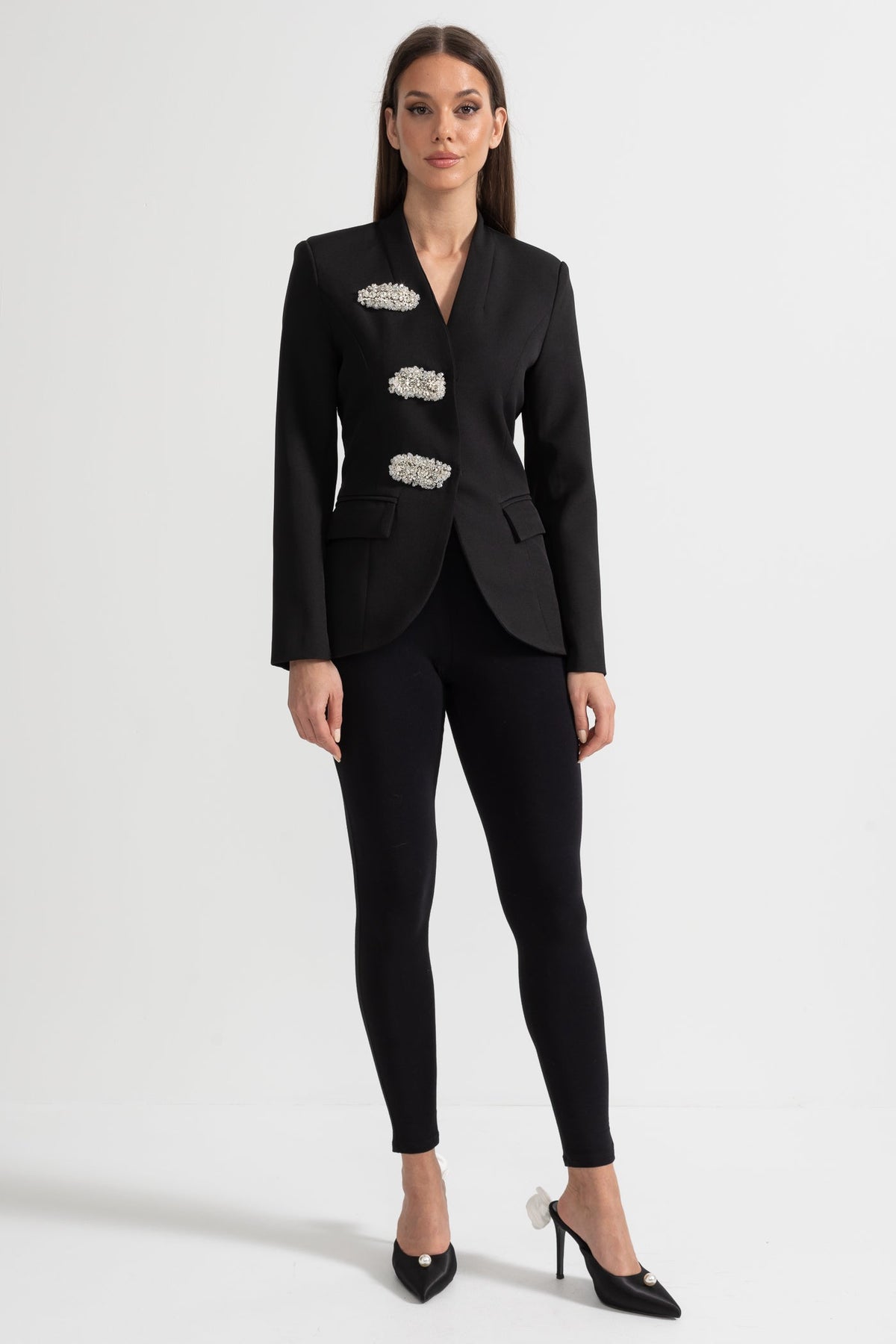 Tailored Blazer With Structured Shoulders And Silver Floral Clasps - Black