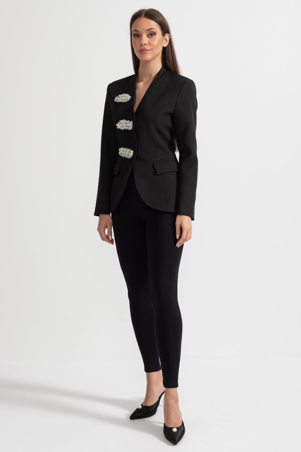 Tailored Blazer With Structured Shoulders And Silver Floral Clasps - Black