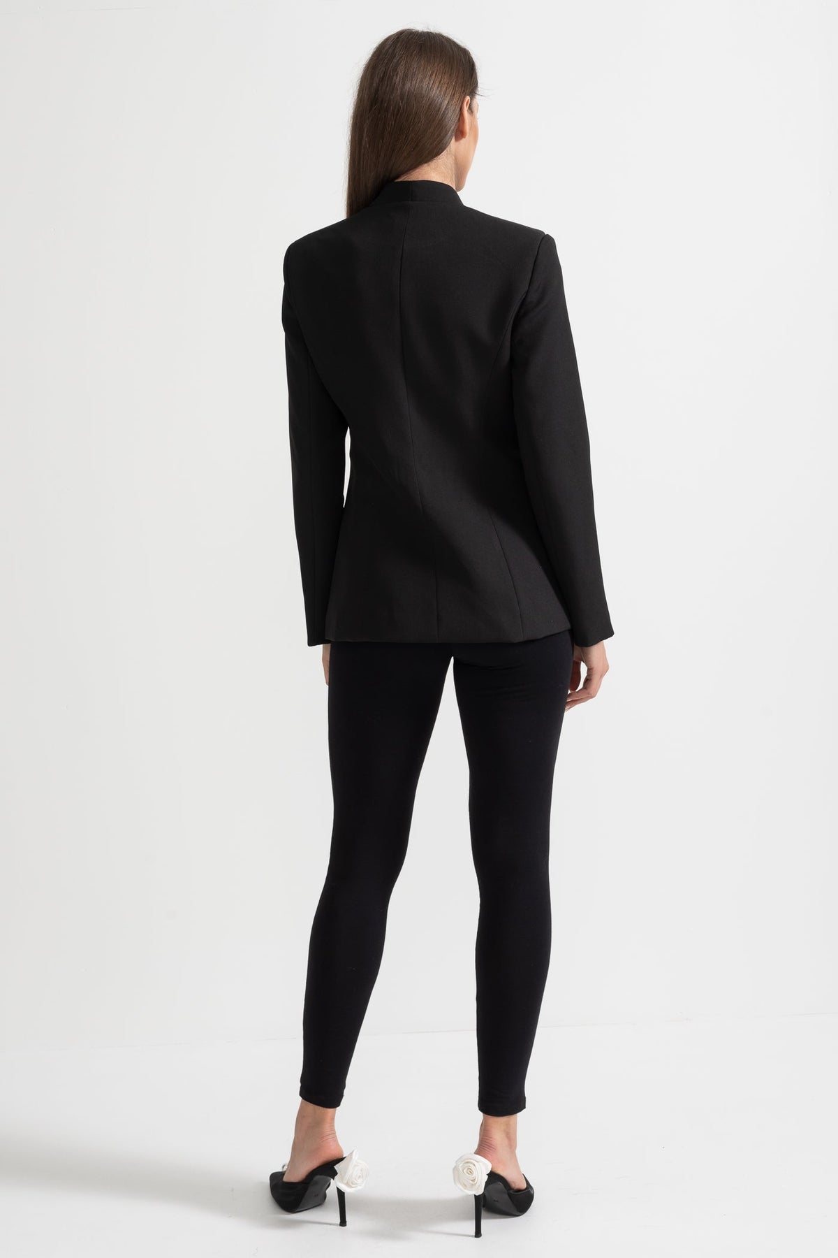 Tailored Blazer With Structured Shoulders And Silver Floral Clasps - Black