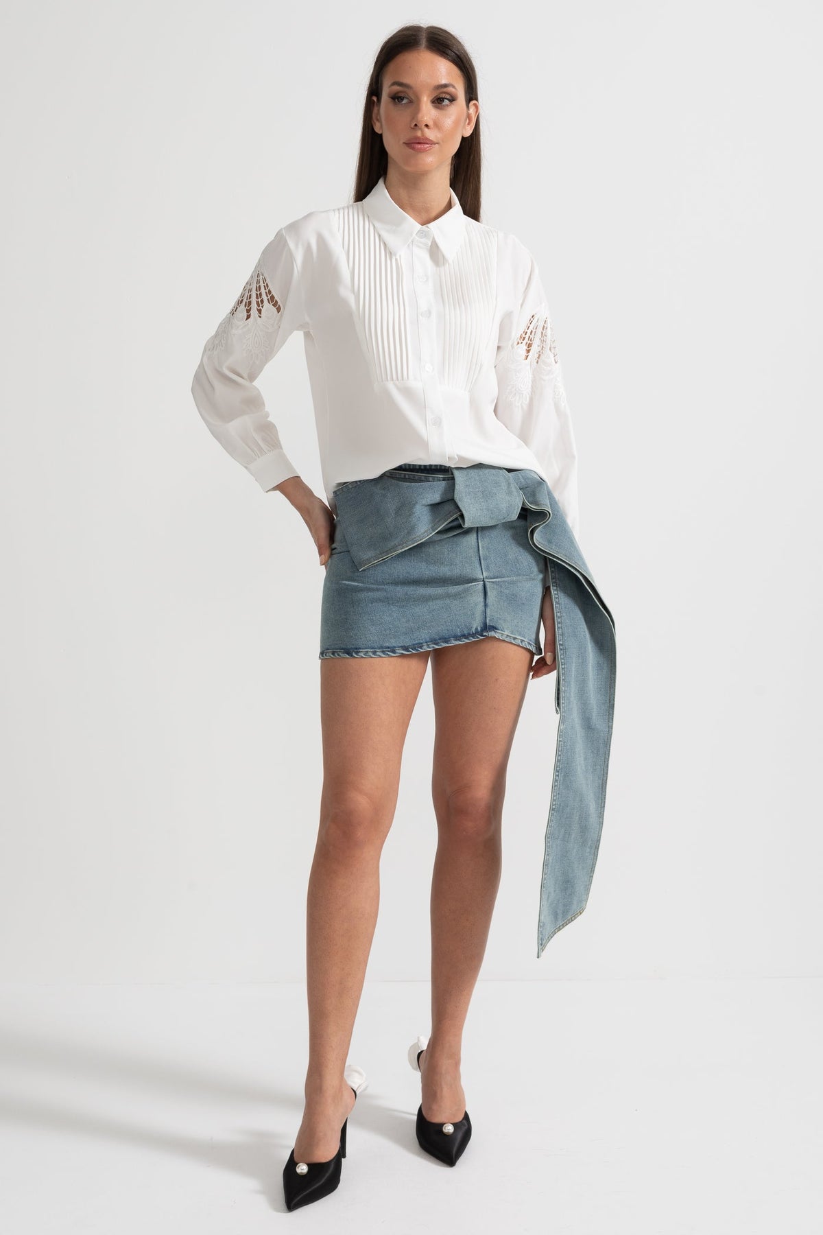 Denim Mini Skirt with Oversized Bow Detail - Blue