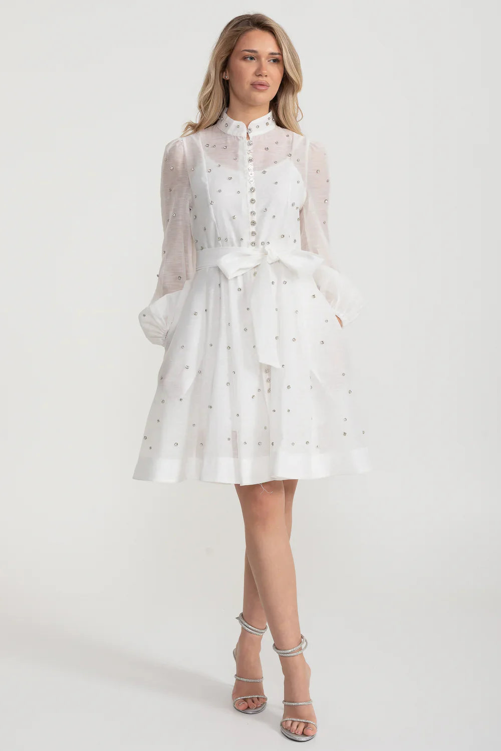Elegant Dress With Long Puffed Sleeves, High Collar And Sparkling Embellishments - White