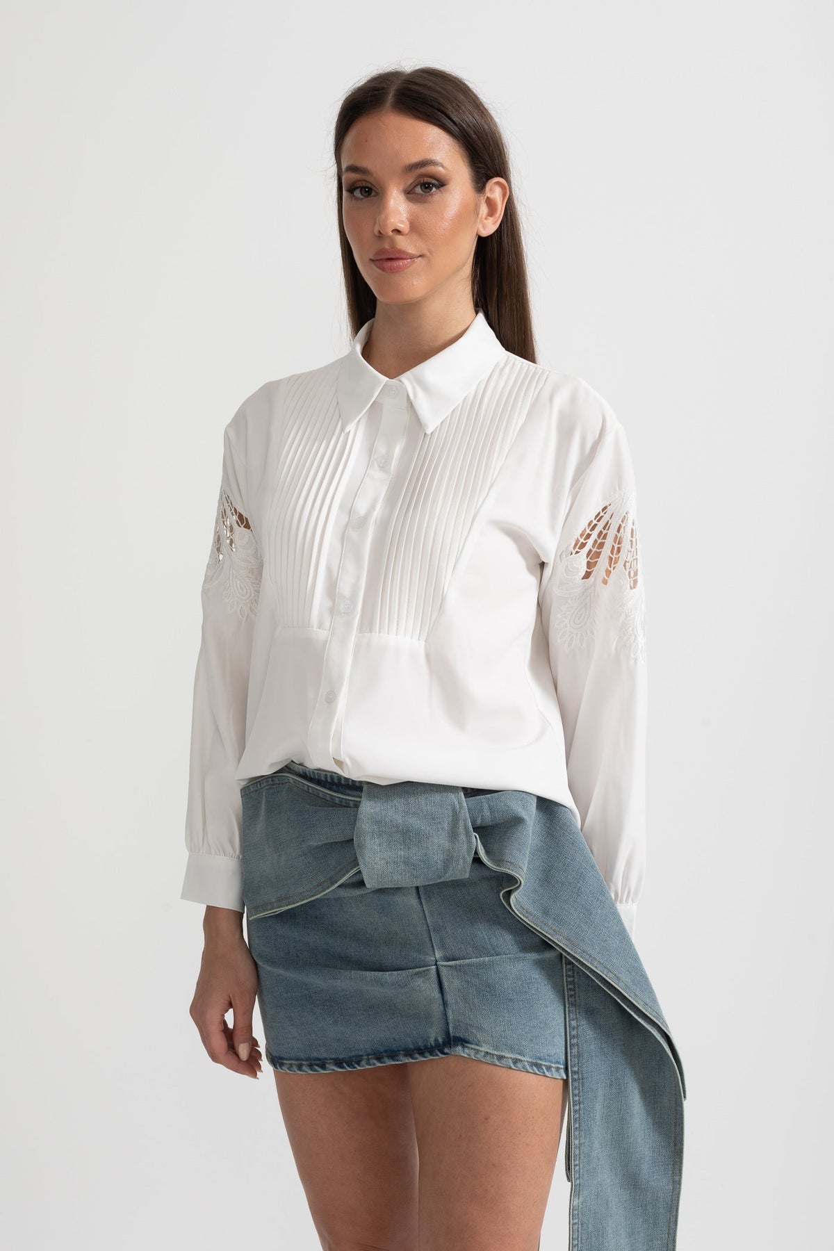 Denim Mini Skirt with Oversized Bow Detail - Blue