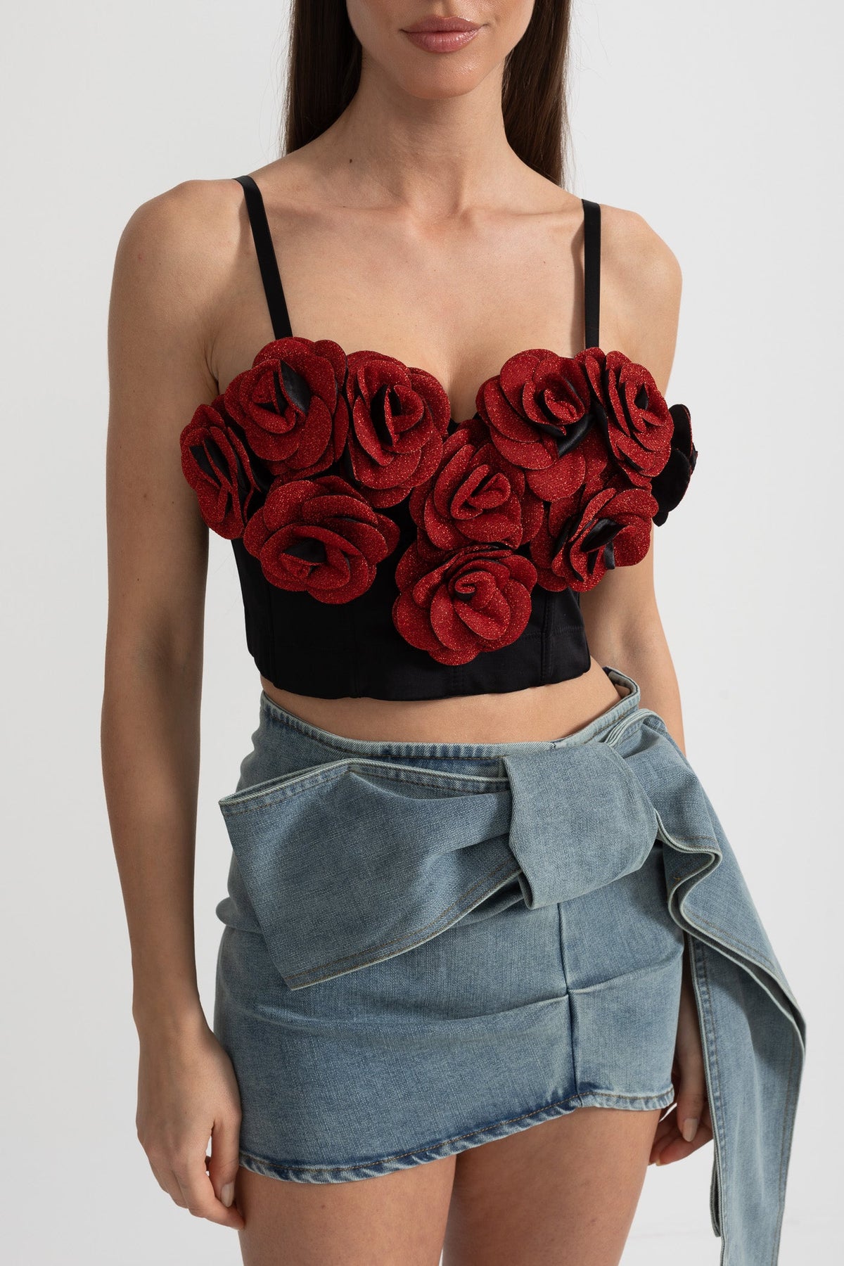 Corset Top with Red 3D Rose Appliqués - Black