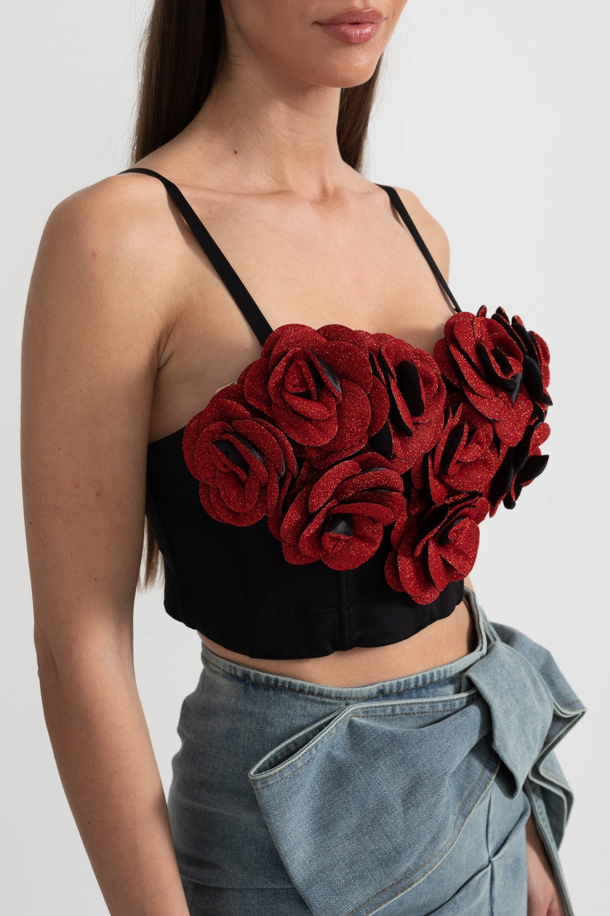 Corset Top with Red 3D Rose Appliqués - Black