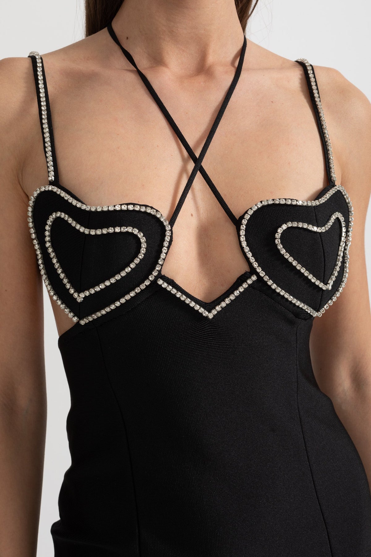 Mini Dress With Delicate Thin Straps And Crystal Heart Bodice Detailing - Black