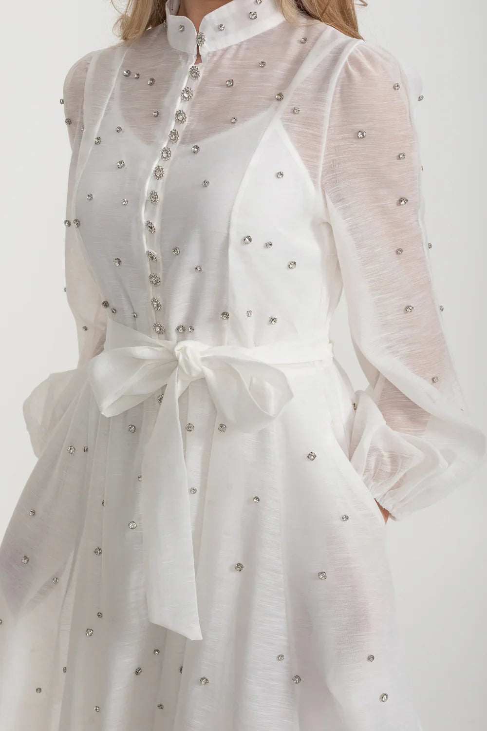 Elegant Dress With Long Puffed Sleeves, High Collar And Sparkling Embellishments - White