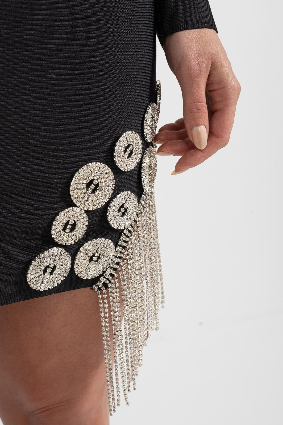 Crystal Embellished Blazer Dress With Structured Shoulders, Deep V-Neckline And Sparkling Fringed Hem - Black