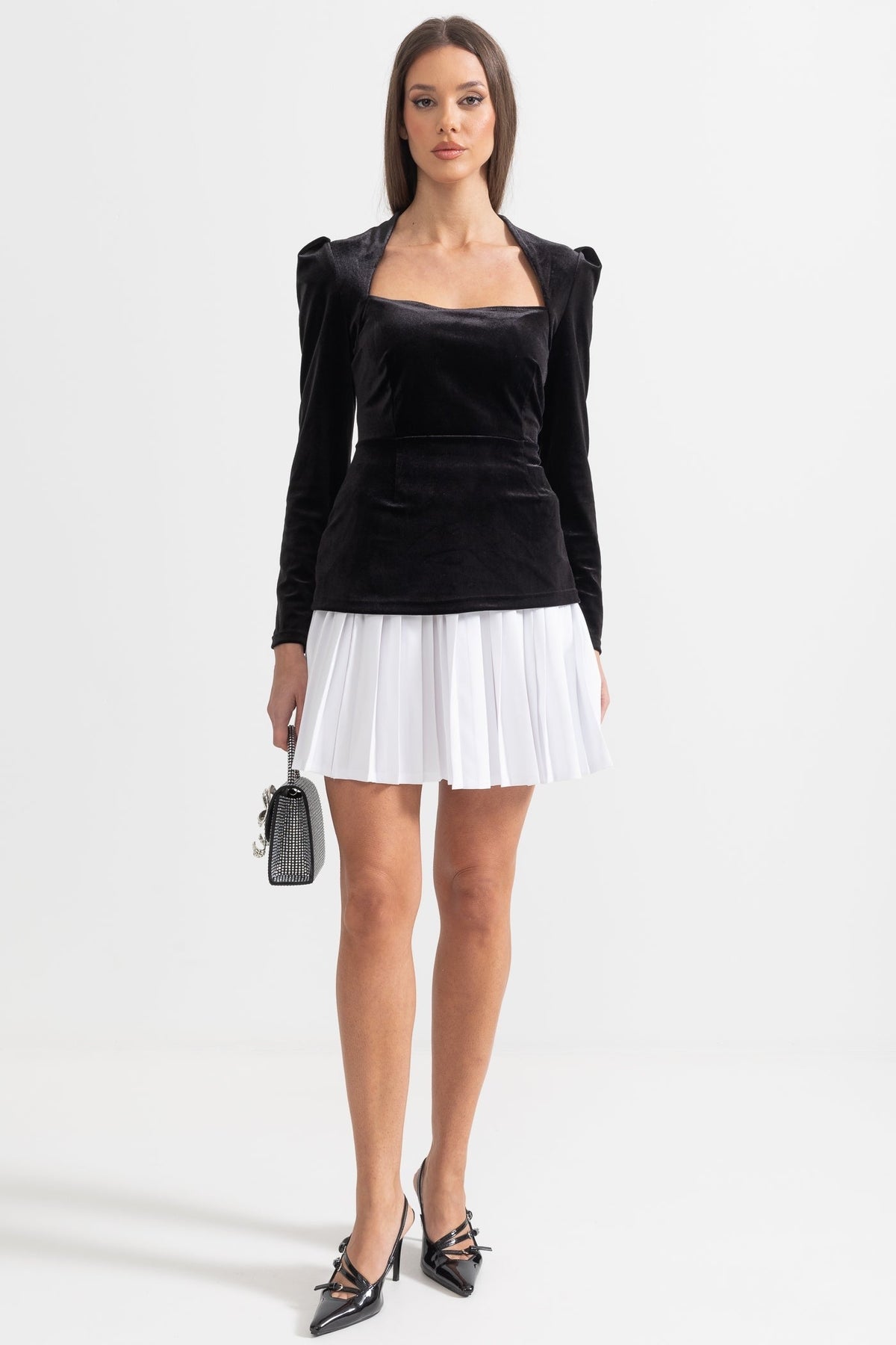 Two-Piece Velvet Ensemble With Contrasting Pleated Skirt - Black