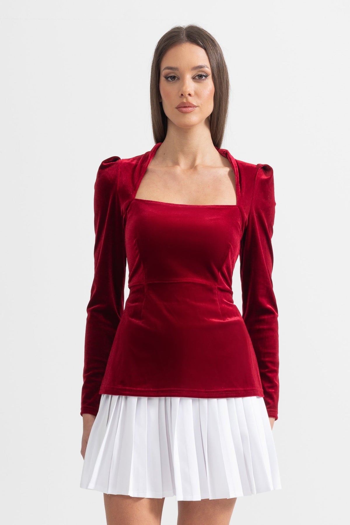 Two-Piece Velvet Ensemble With Contrasting Pleated Skirt - Red