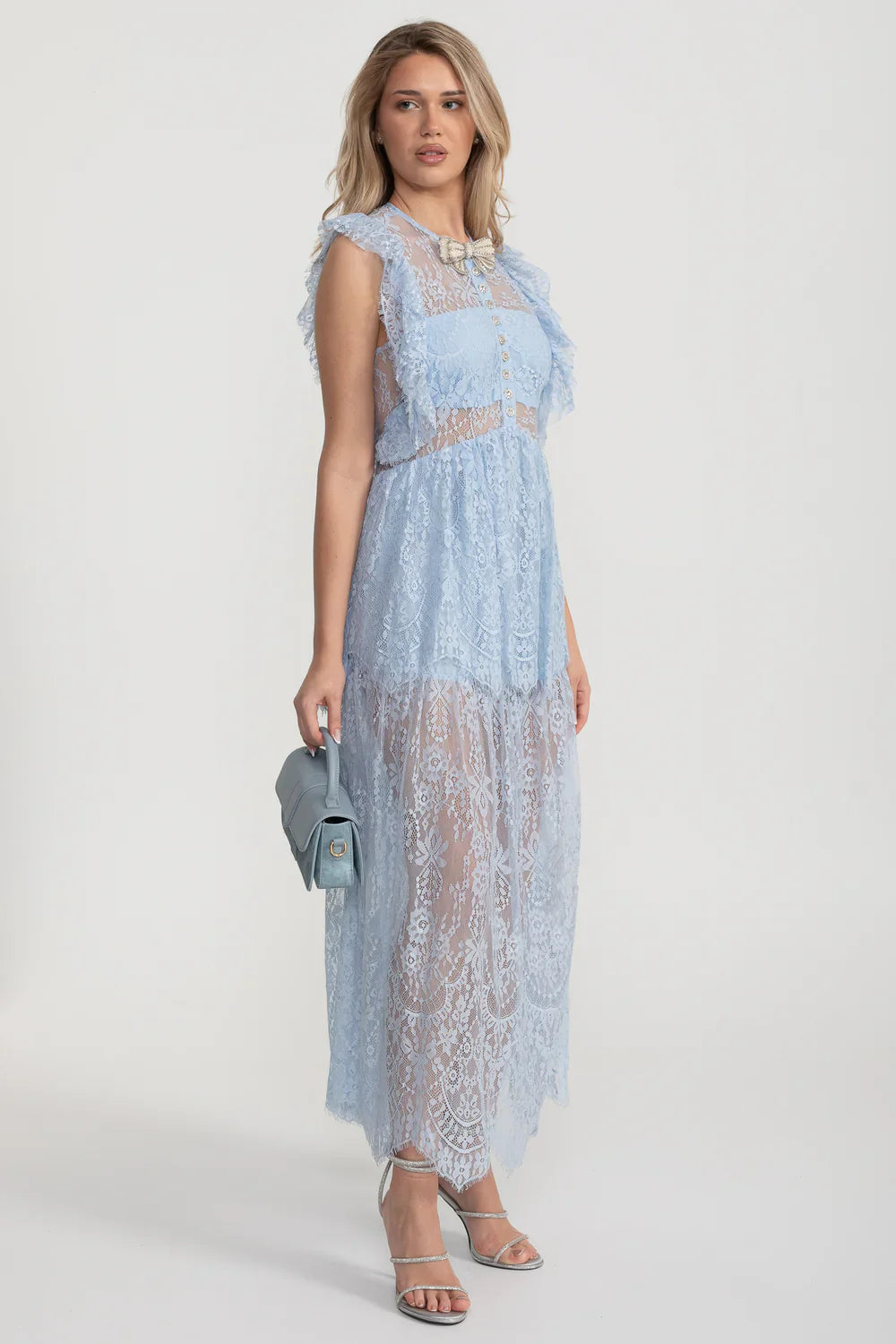 Elegant Vintage-Inspired Lace Dress With Ruffled Details And Layered Skirt - Blue