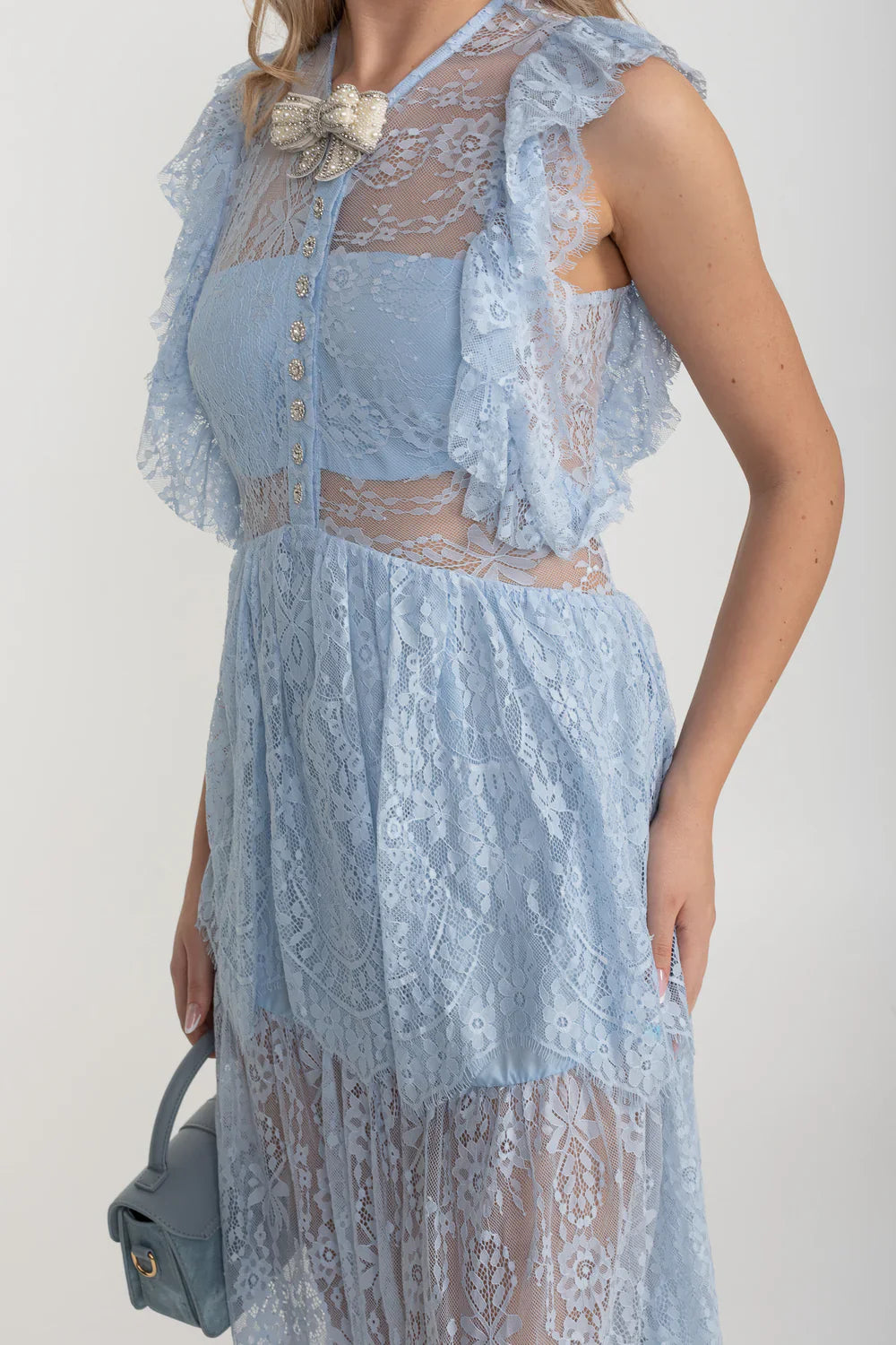 Elegant Vintage-Inspired Lace Dress With Ruffled Details And Layered Skirt - Blue