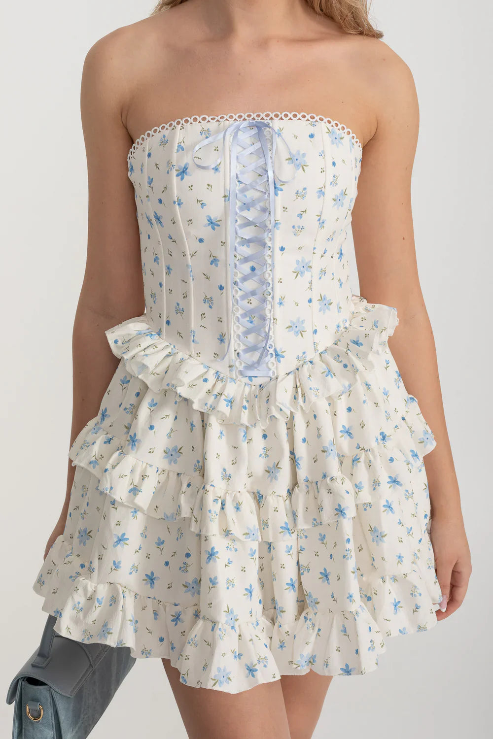 Corset Mini Dress With Ribbon Lacing Detail And Multi-Layered Ruffled Skirt - White/Blue