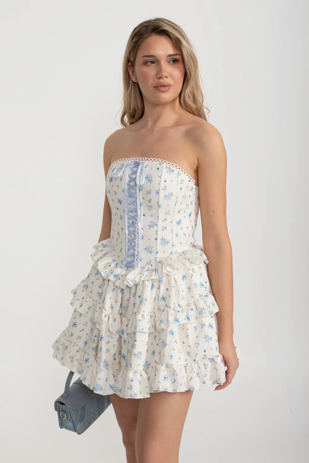 Corset Mini Dress With Ribbon Lacing Detail And Multi-Layered Ruffled Skirt - White/Blue